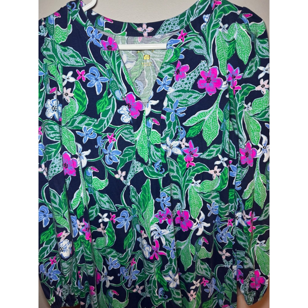 Lilly Pulitzer "Alyssa" Navy Blue Floral Toucan Cotton Knit Ruffle Hem Dress XS - Picture 2 of 7